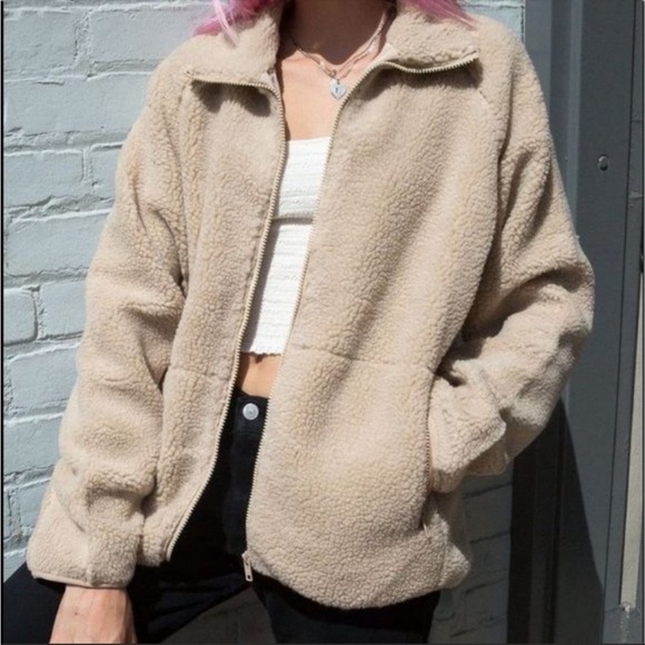 John Galt Brandy Melville oversized tan sherpa teddy chunky lined sweater jacket - Picture 1 of 15